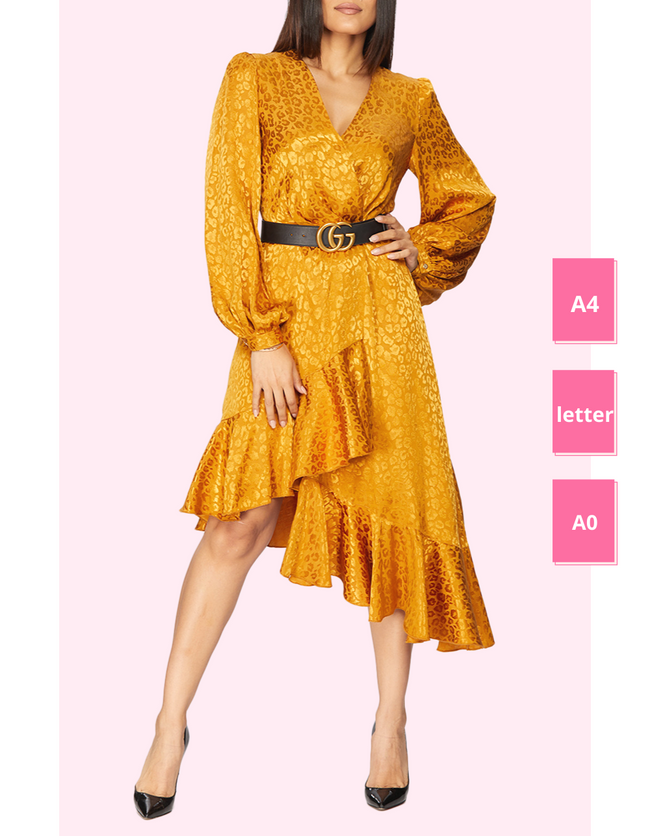 woman in a diy sewn golden wrap dress pattern