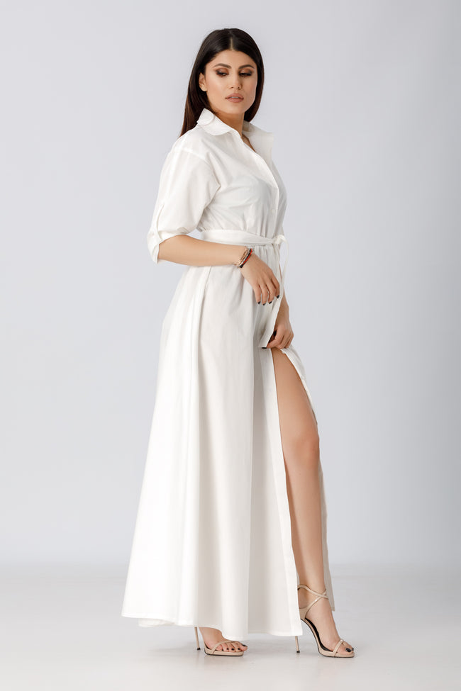 side view of a woman wearing a white button up shirt dress pattern