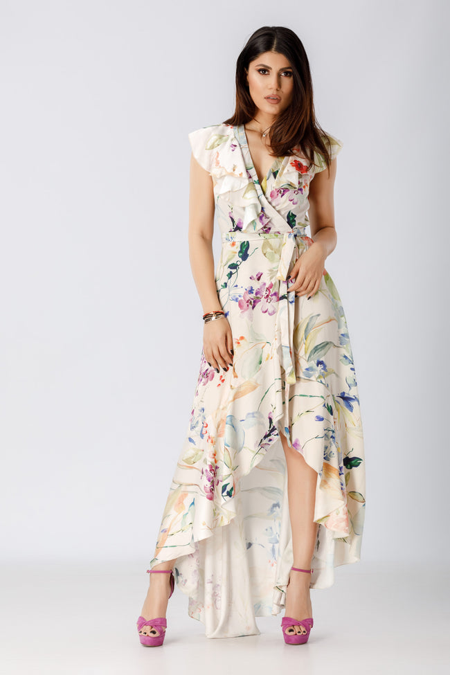 woman posing in a diy sewn wrap dress sewing pattern