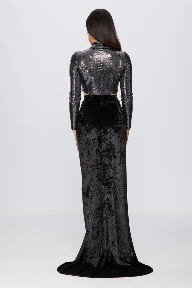 back view of a woman in a black skirt pattern