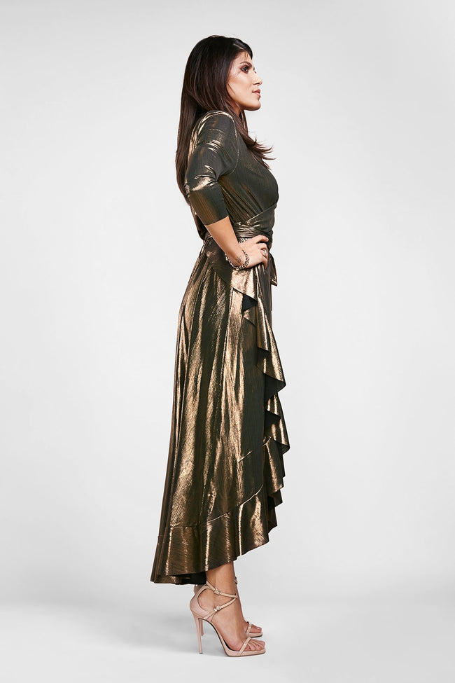 side view of a woman wearing a diy sewn maxi dress pattern