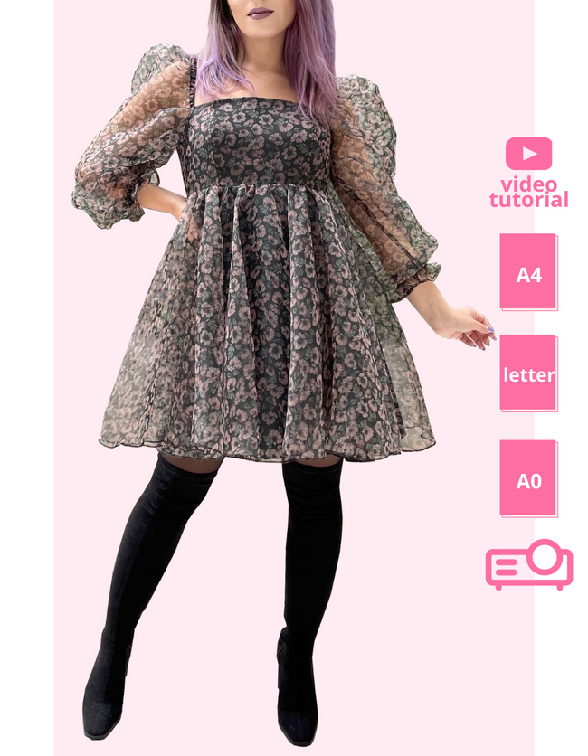woman wearing a printed puff sleeve dress pattern