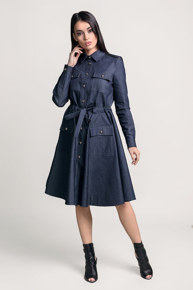 studio shoot of a woman wearing a diy sewn skater dress pattern