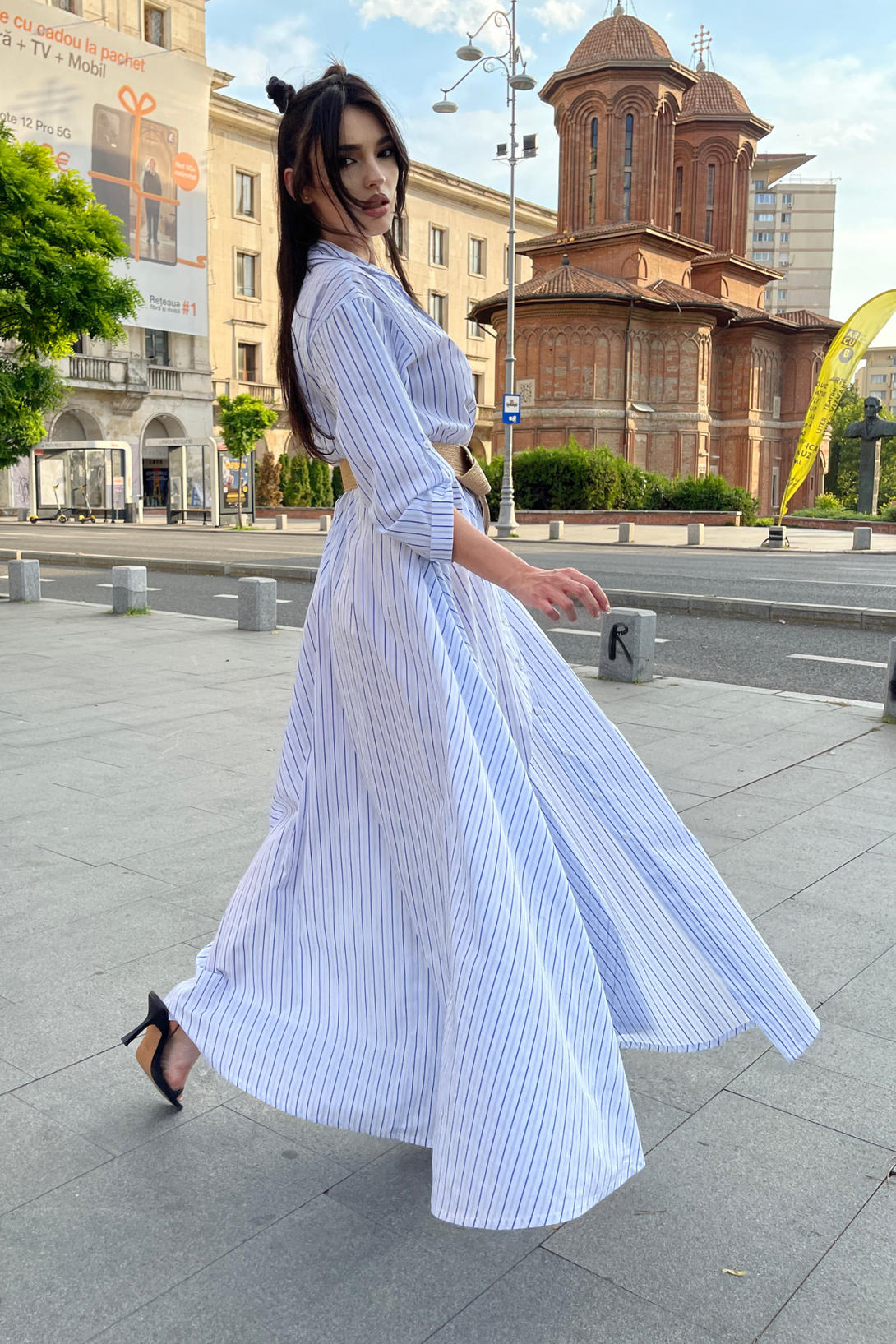 midi shirt dress pattern Blue Stripe Cotton Pleated Midi Dress - Shirt Dresses