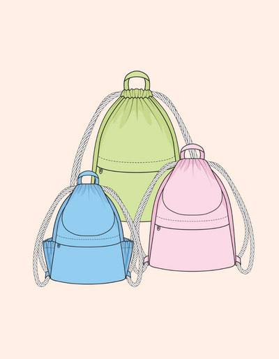technical sketch for a backpack pattern in 3 sizes
