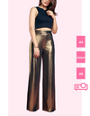 woman in gold high waist diy sewn pants pattern