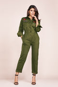 woman wearing a utilitarian jumpsuit pattern