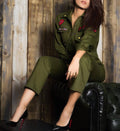 woman wearing a green military jumpsuit