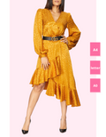 woman in a diy sewn golden wrap dress pattern