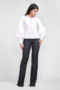 woman posing in a diy sewn long sleeve pattern