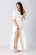 woman wearing a diy sewn white shirt dress pattern