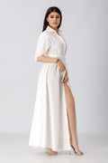 side view of a woman wearing a white button up shirt dress pattern