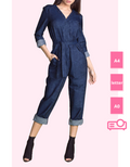 woman posing in a denim jumpsuit pattern