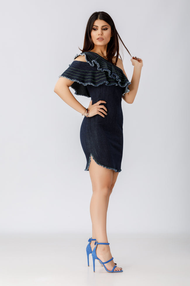 sideview of a woman posing in a denim one shoulder dress pattern