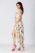side view of a woman in a diy sewn long wrap dress pattern