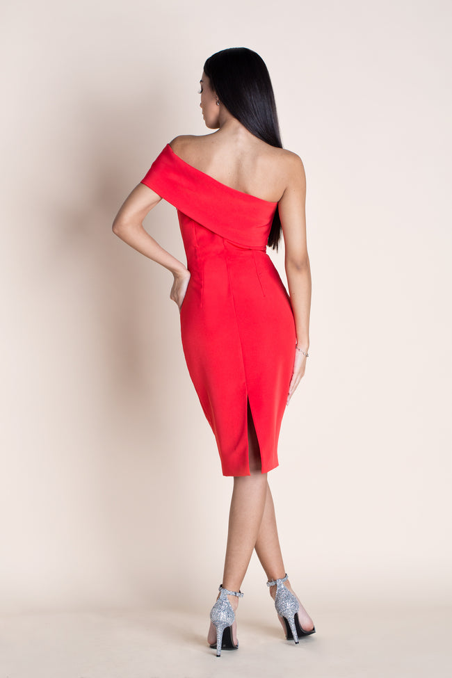 back view of a woman posing in a red off the shoulder dress pattern