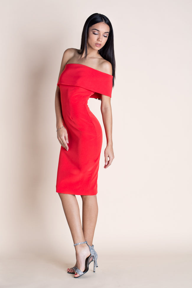 woman posing in a red diy sewn dress pattern