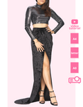 diy sewn long skirt sewing pattern worn by a woman with a sparkling crop top