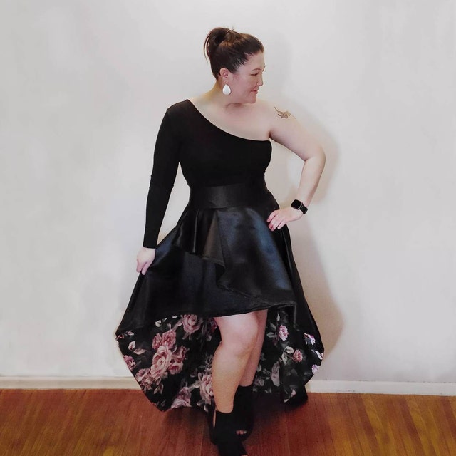 woman wearing a diy sewn high low skirt pattern