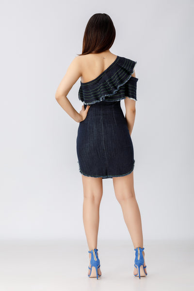 back view of a woman posing in a denim mini dress pattern