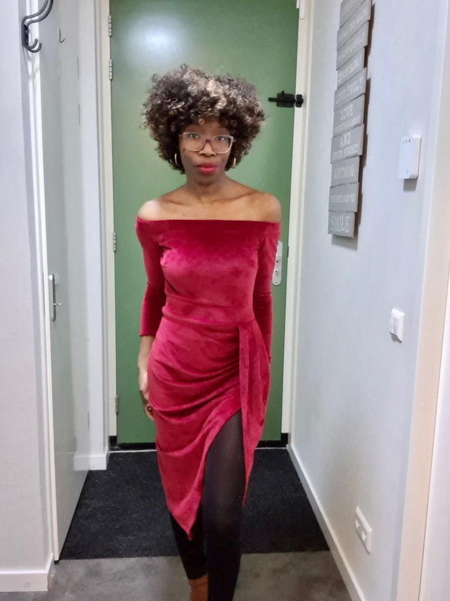 woman wearing a red off the shoulder diy sewn dress pattern