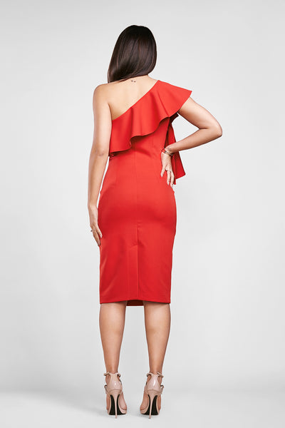 back view of a woman posing in a red diy one shoulder dress pattern
