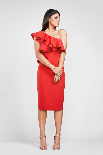 woman posing in a red diy sewn midi dress pattern