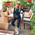 woman posing in a diy sewn jumpsuit pattern