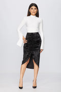 woman posing in a sewn pencil  skirt pattern