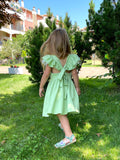 back view with a little girl wearing a green dress