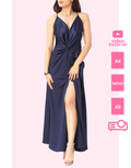 woman wearing a blue satin slip dress pattern