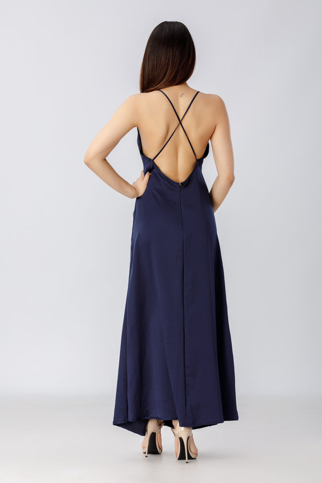 back view of a woman wearing a diy sewn slip dress pattern