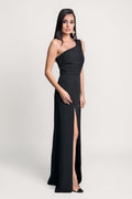 side view of a woman in a black one shoulder dress pattern