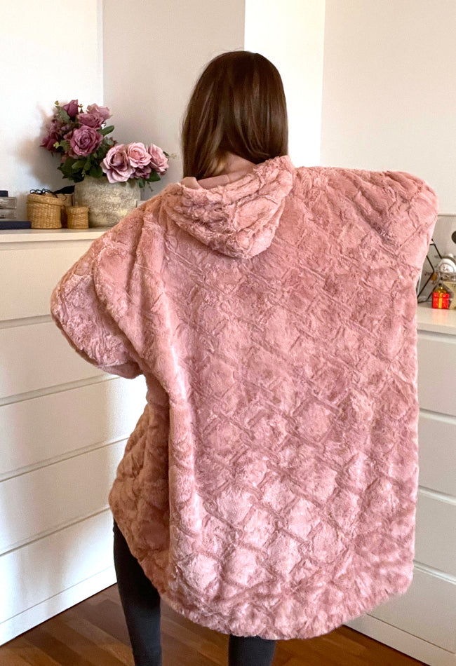 a pink hoodie pattern worn by a girl 