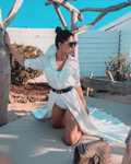 woman in a white diy sewn white maxi shirt dress pattern