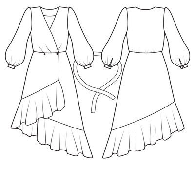 asymmetrical wrap dress sewing pattern sketch